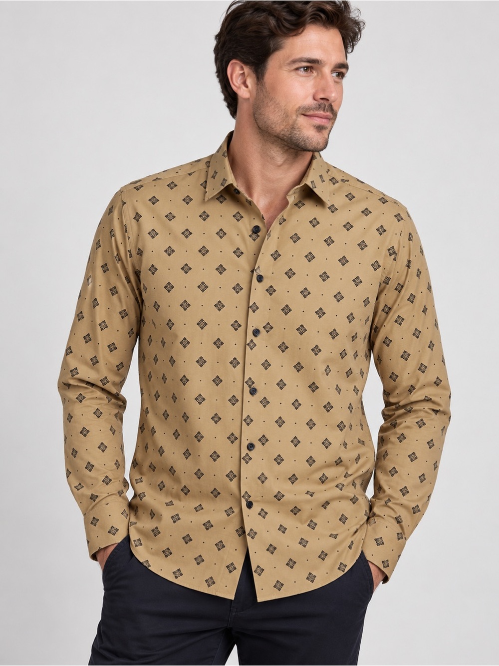 Express Men’s Tan Geometric Print Button Down Shirt NWT